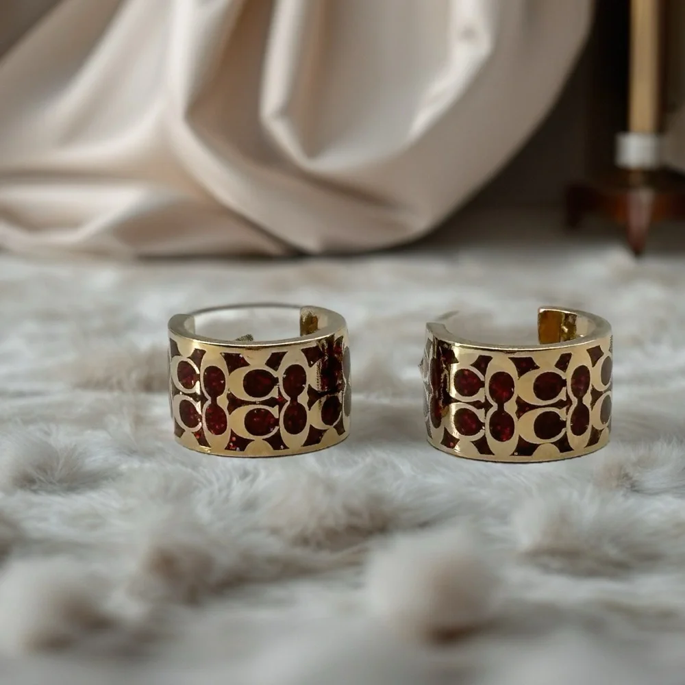 NWT Coach Signature C Huggie Earrings Red Gold Enamel Hoops C7770 - Picture 4 of 5